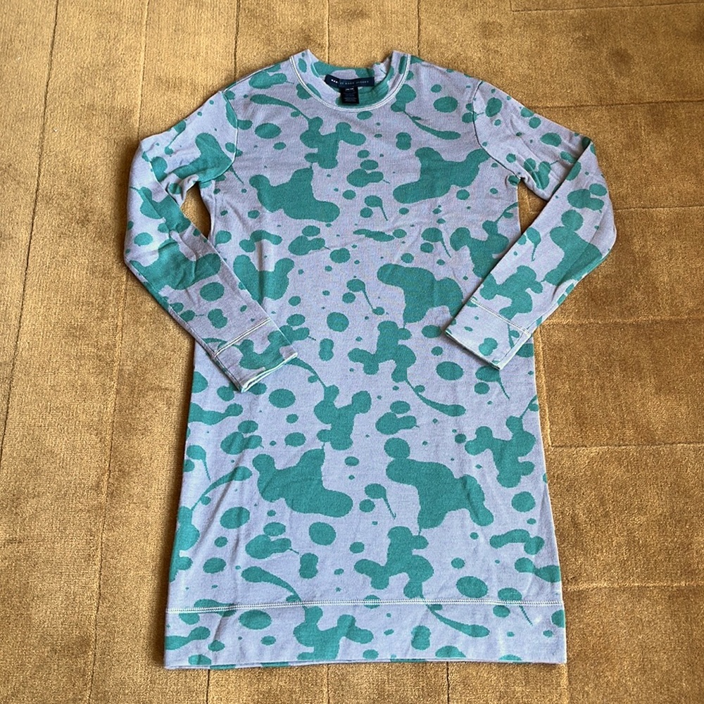Marc by Marc Jacobs, grey sweater dress with green abstract design, XS